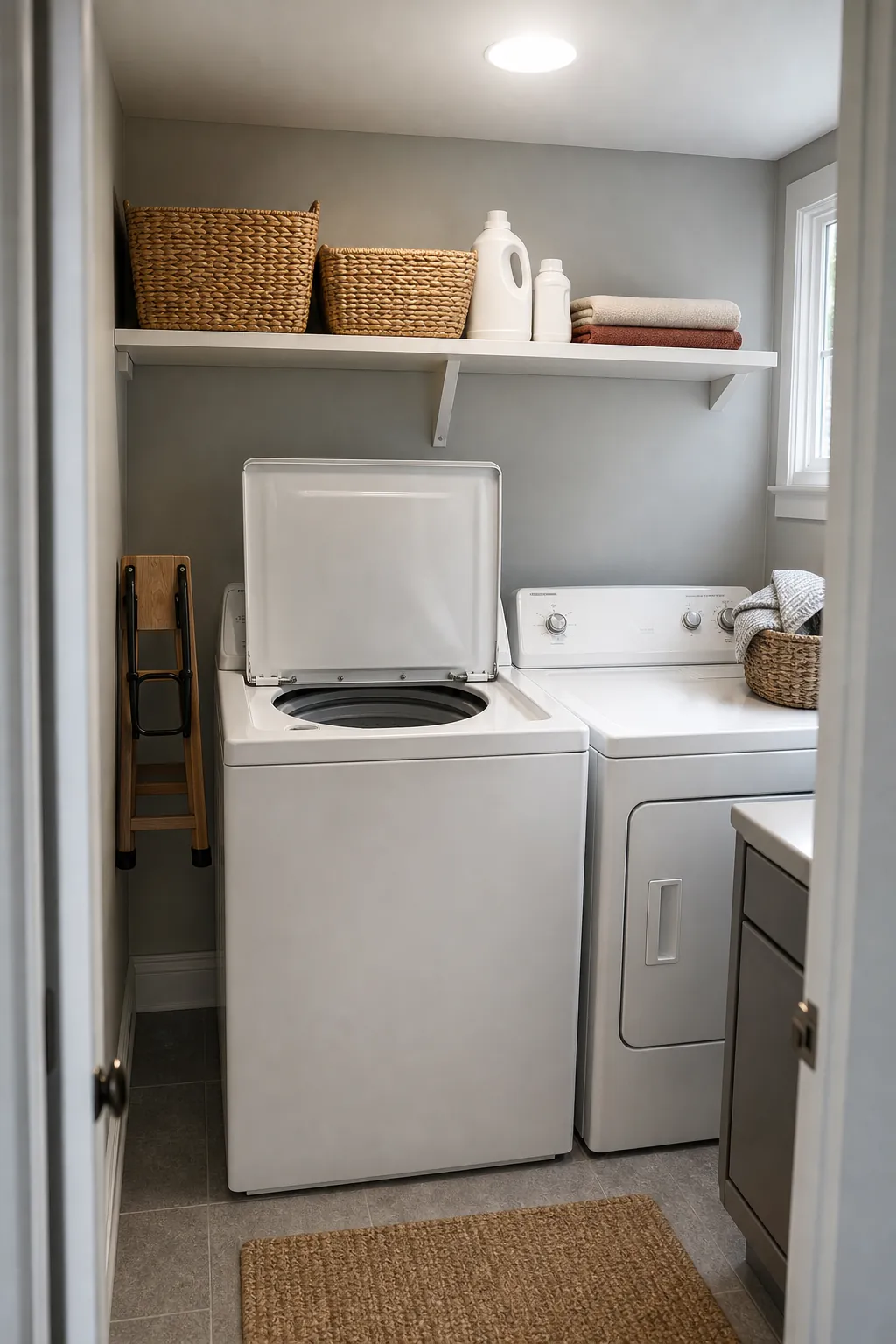Open shelf above machines that respects lid and service clearance.