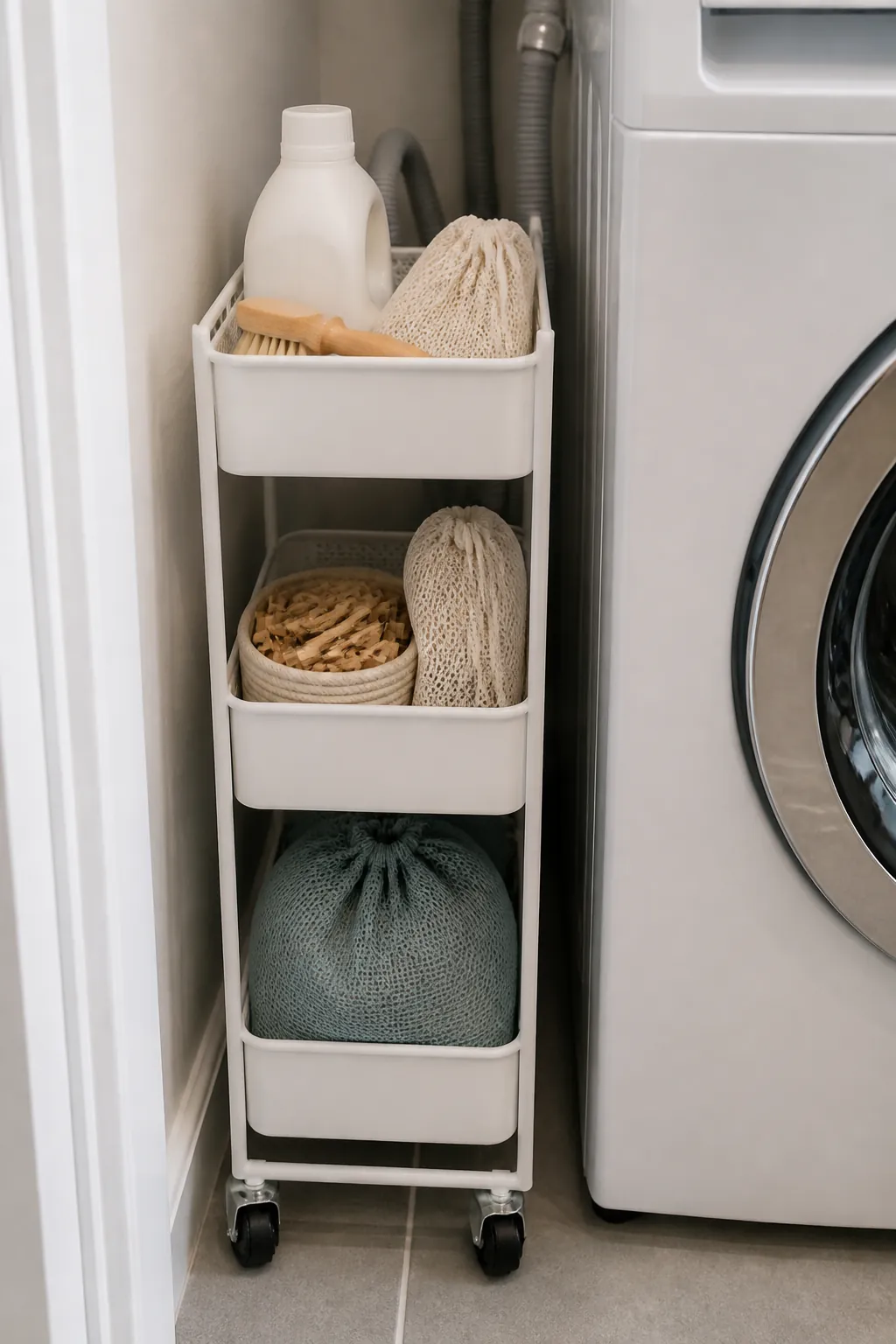Slim rolling gap cart in a tiny laundry room.