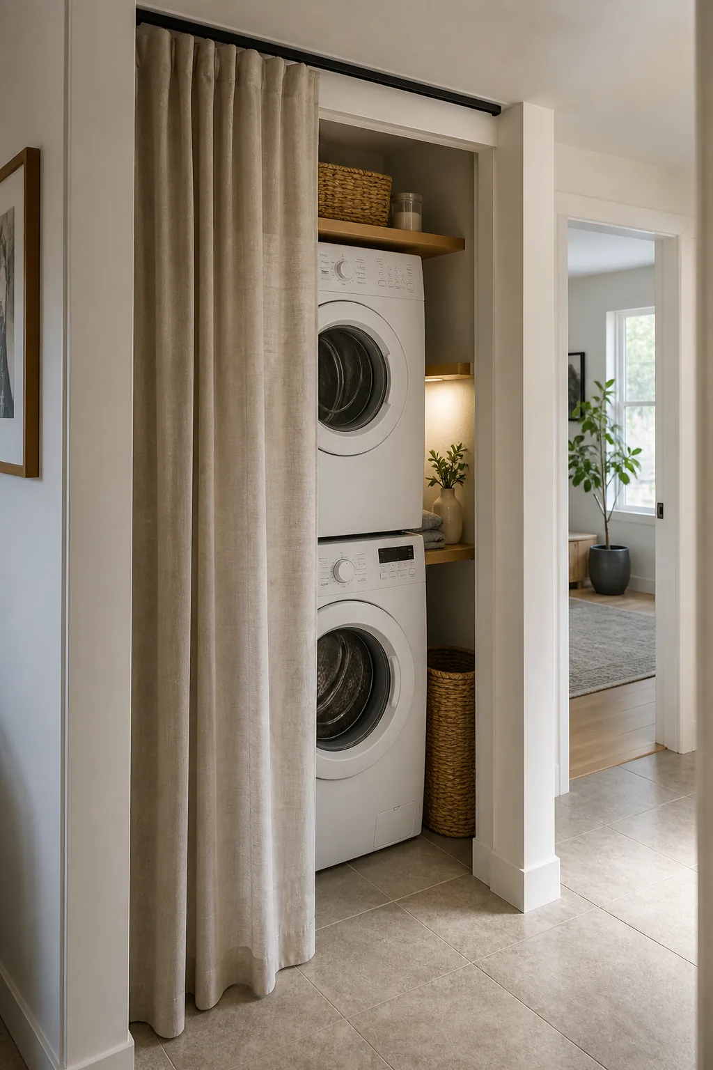 Soft curtain closure replacing bulky closet doors in a tiny laundry area.