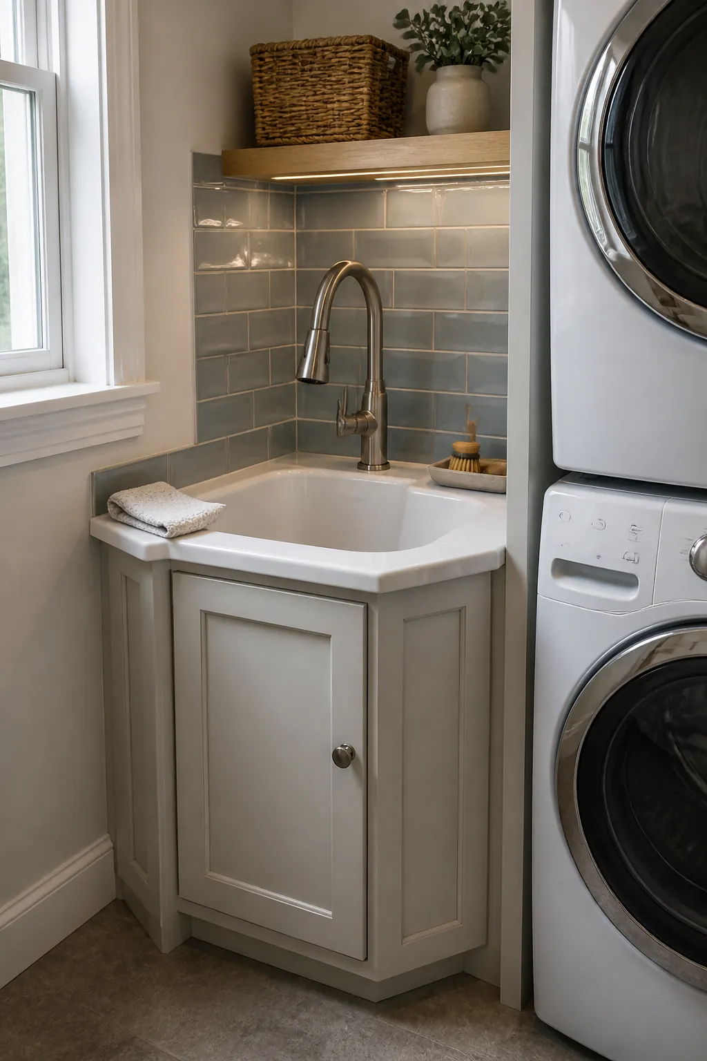 Compact corner sink for soaking small items without taking over the room.
