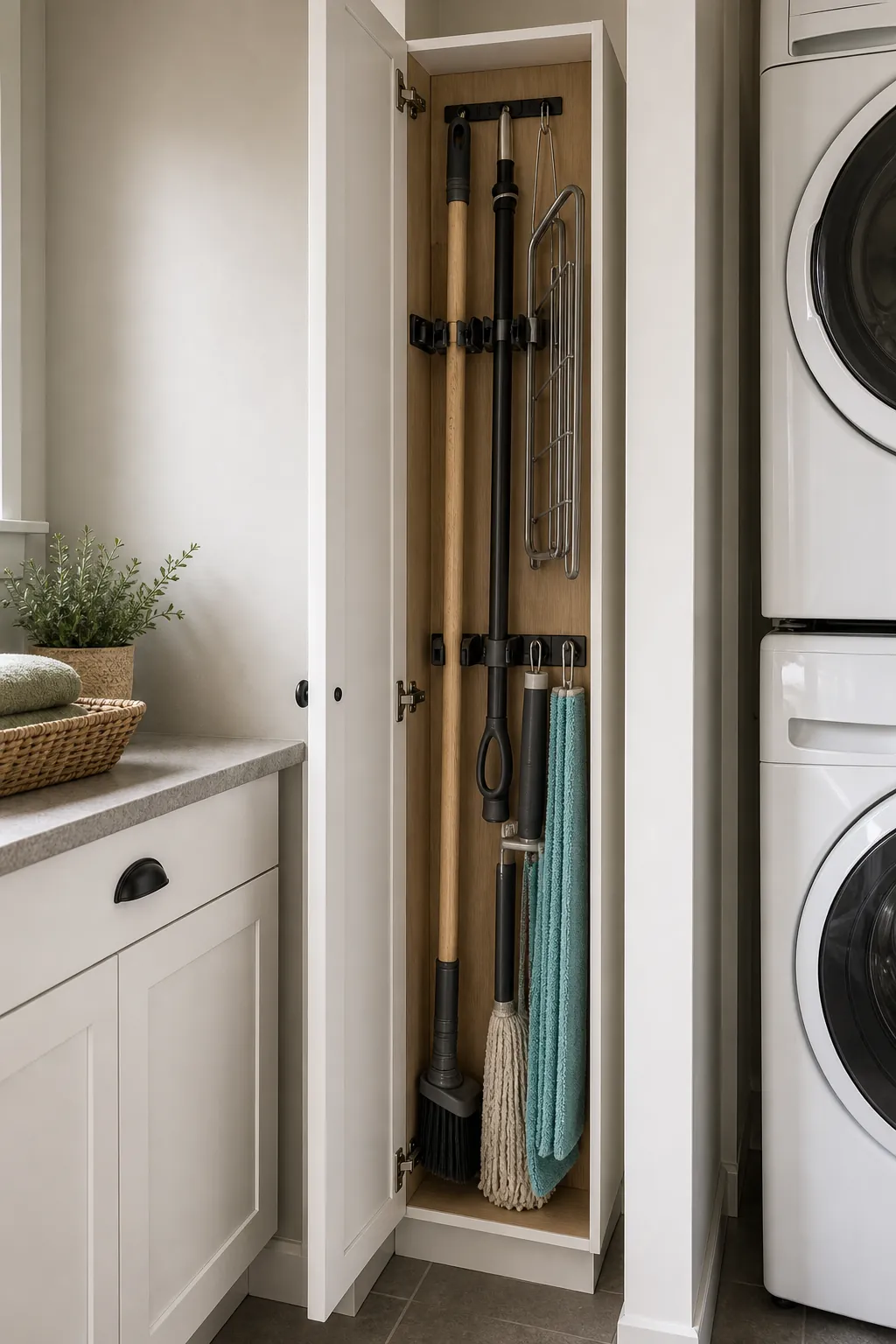 Tall skinny cabinet for broom, mop, drying rack, and ironing board.