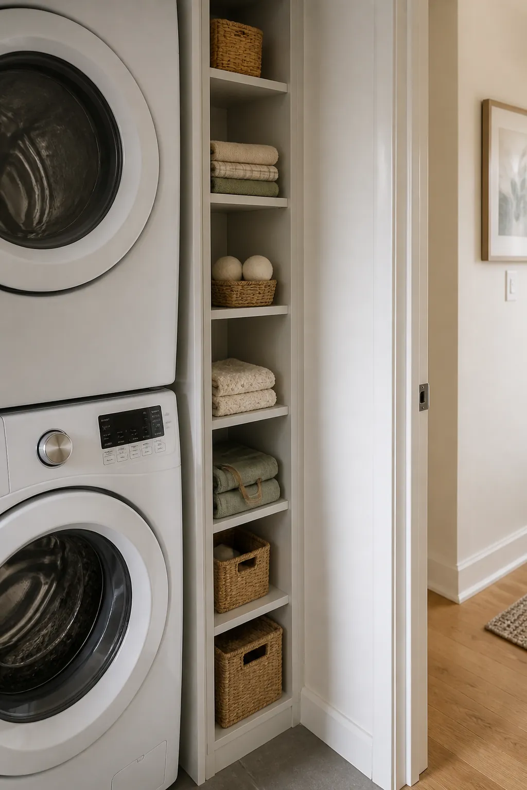 Shallow floor-to-ceiling shelves that add storage without stealing the tiny aisle.