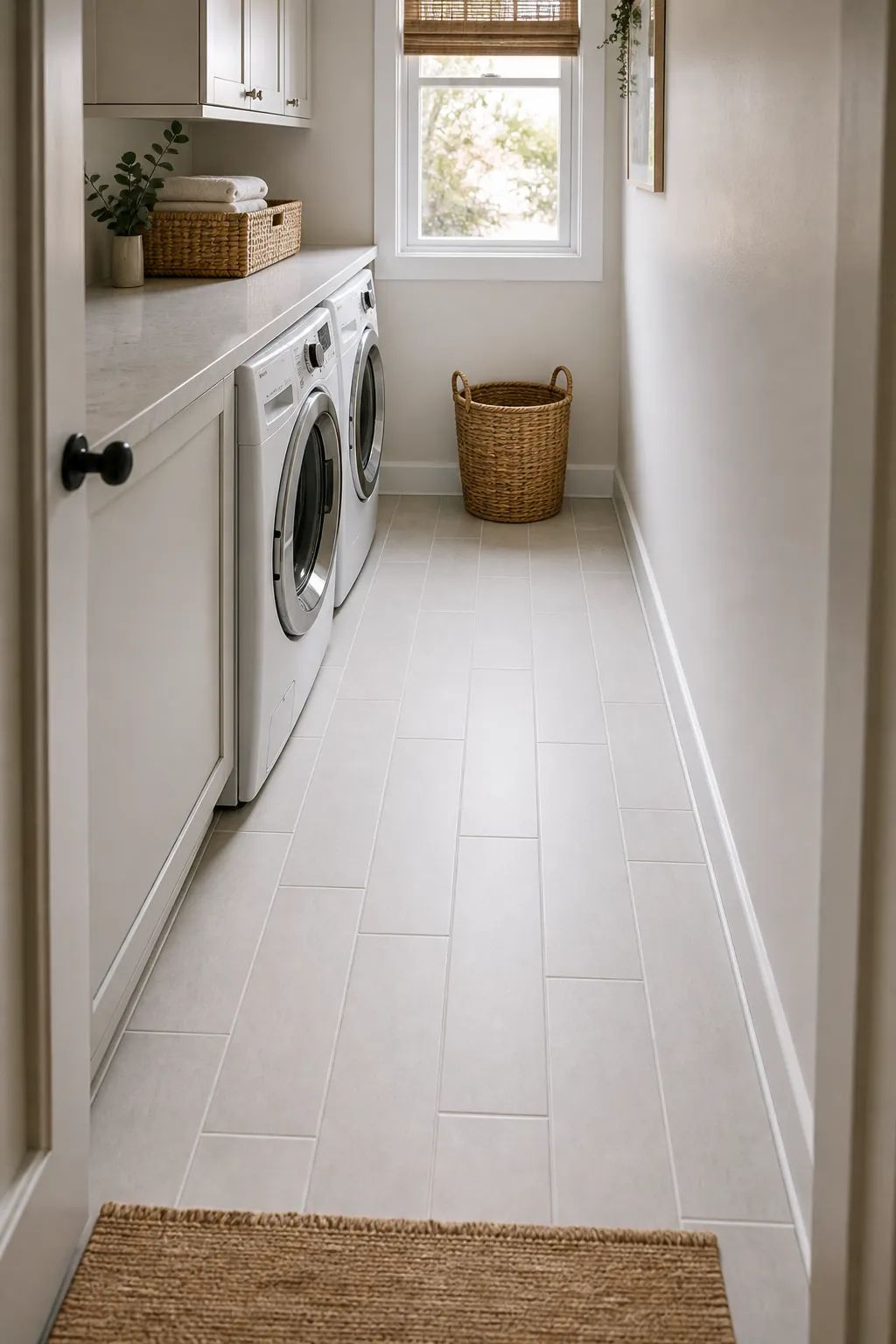 Light floor and wall tile making a tiny laundry room feel longer.