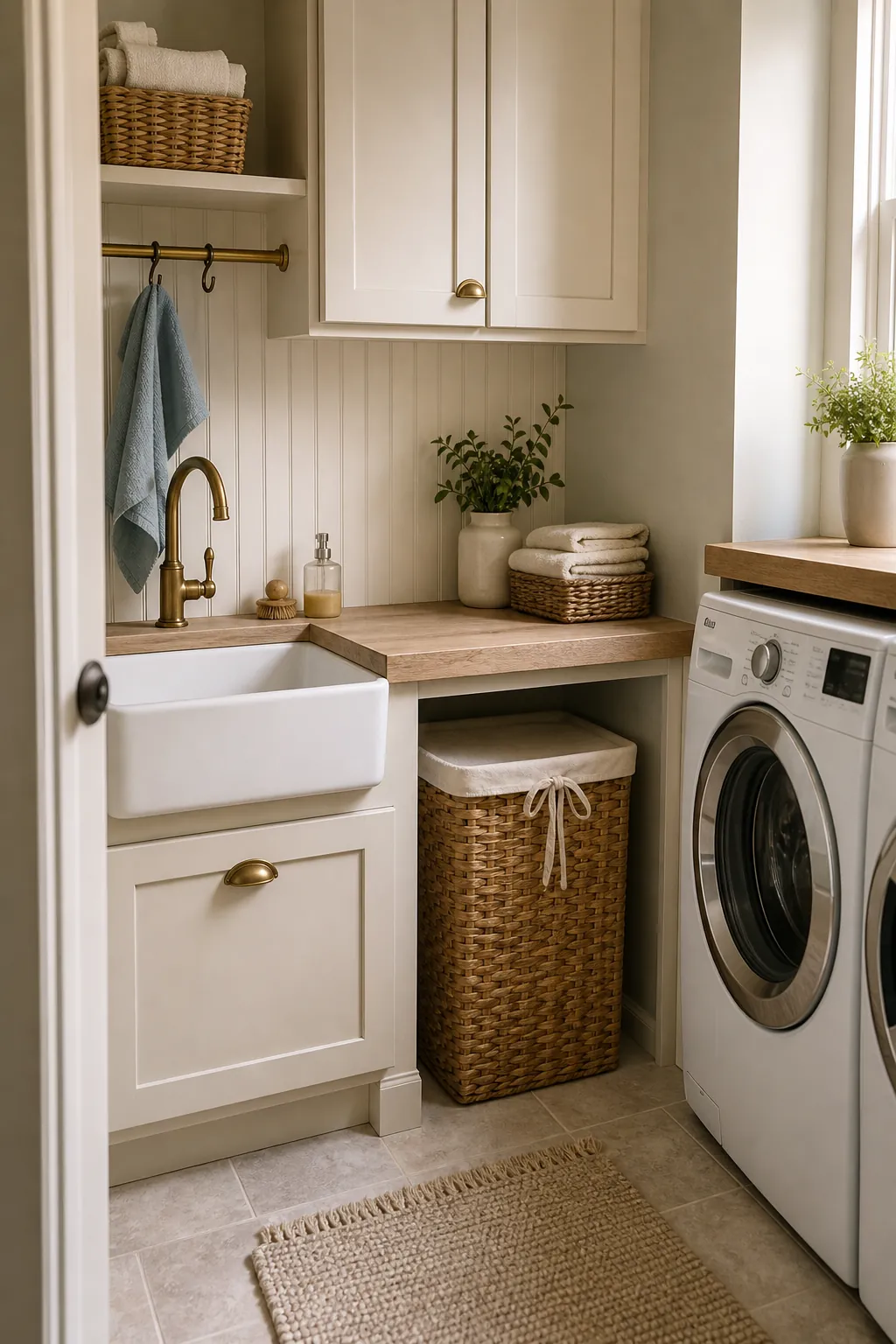Tiny farmhouse laundry nook with useful details.
