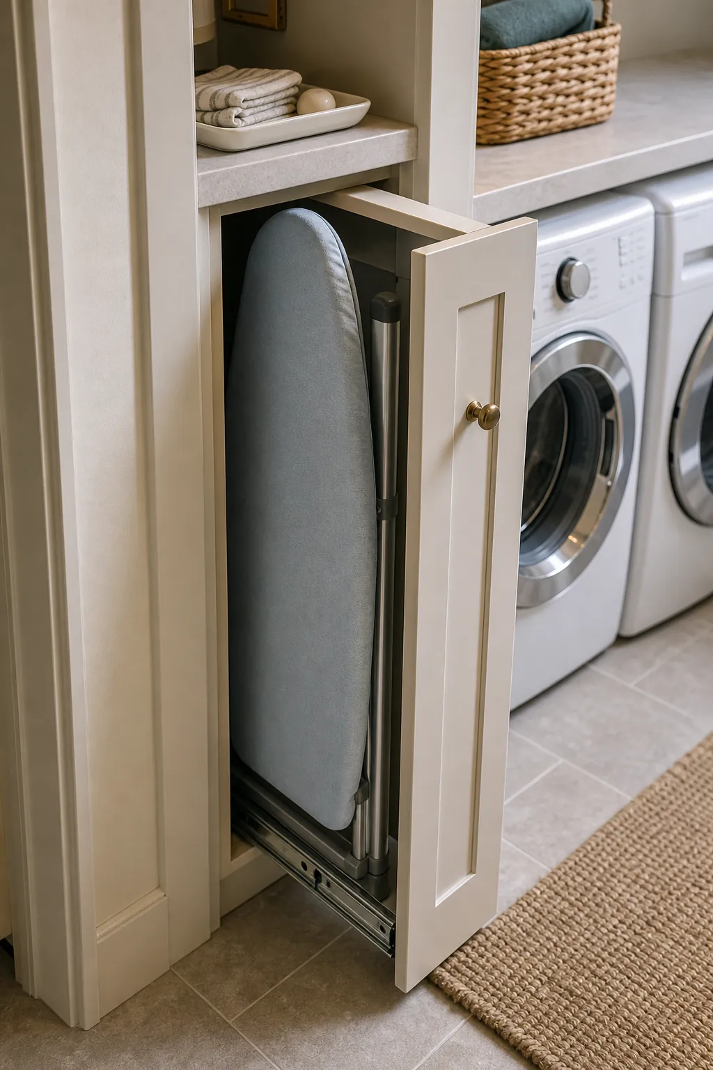 Hidden slim ironing board slot in a tiny laundry room.