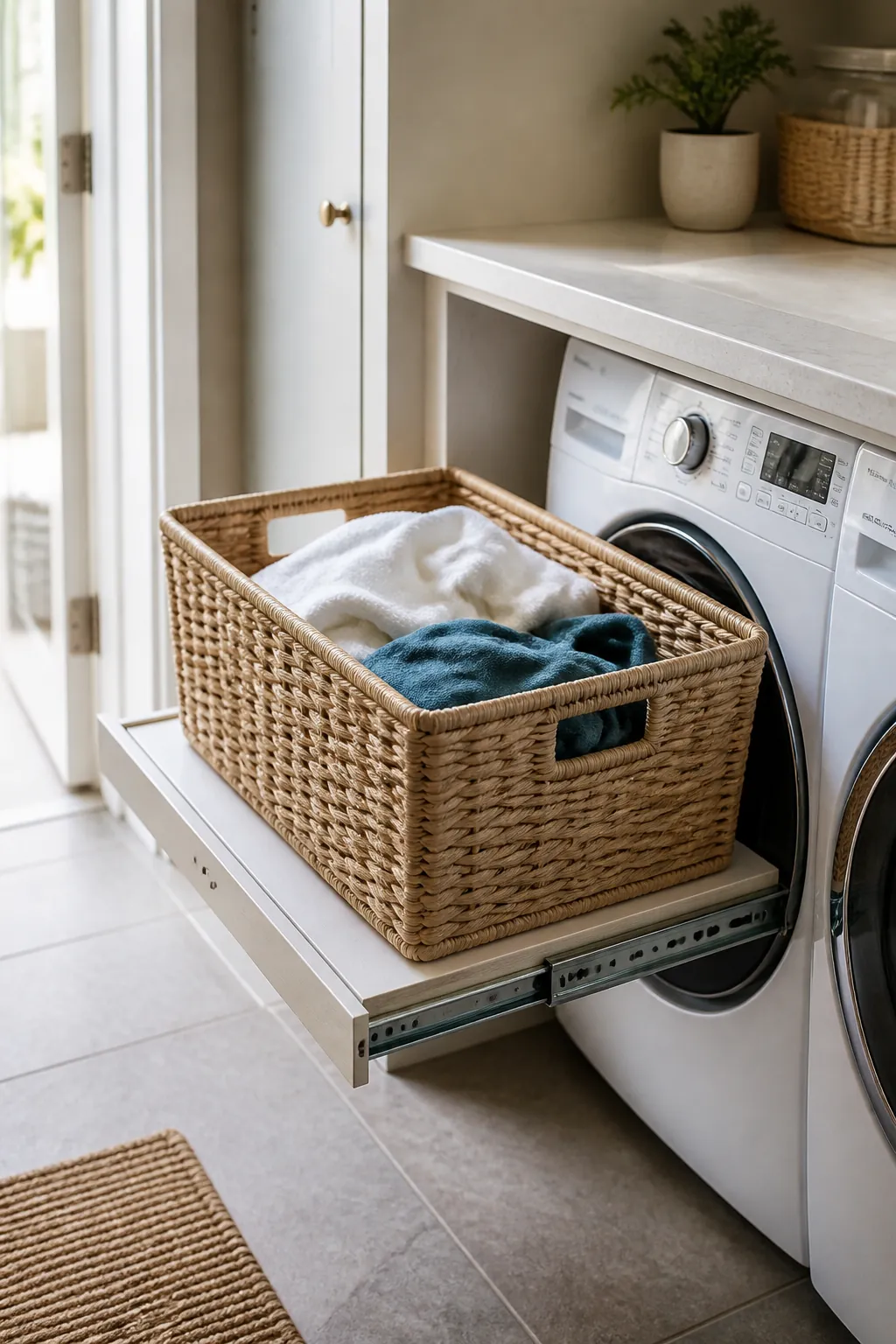 A small landing pad for a laundry basket in a tiny room.