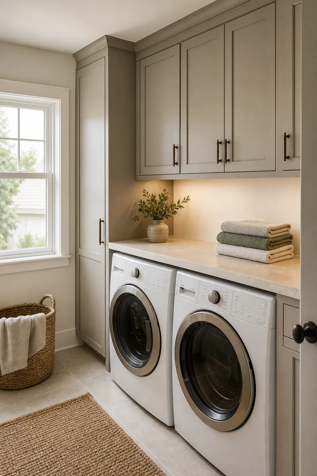 Tiny laundry room with one calm color palette and concealed clutter.