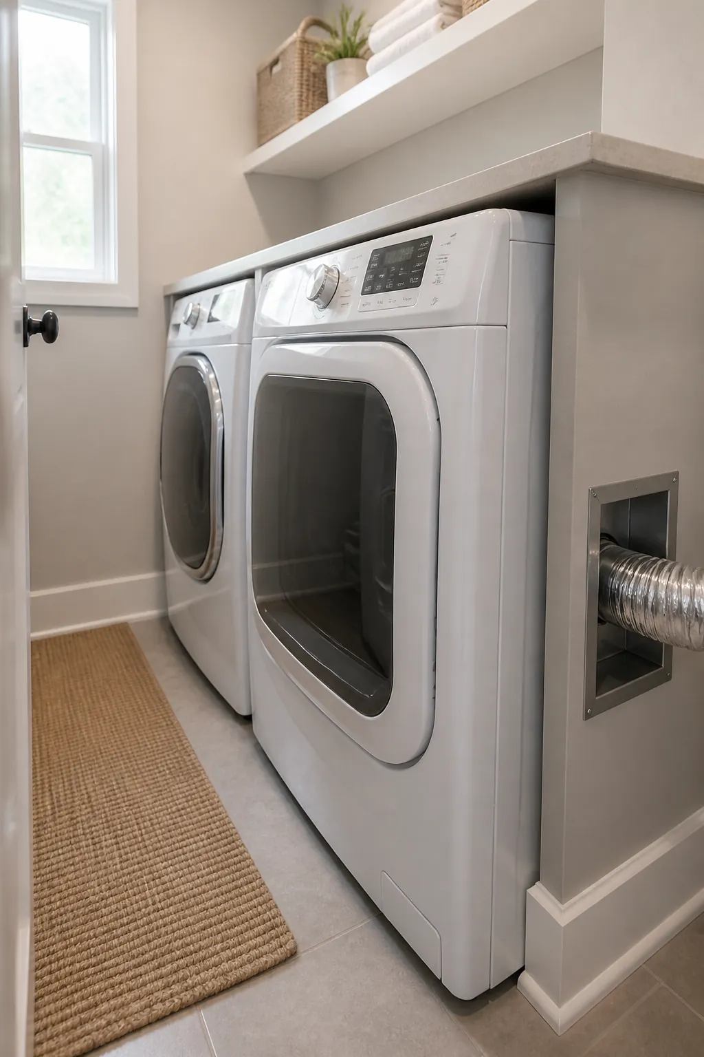 Dryer depth and vent clearance handled cleanly in a narrow laundry layout.