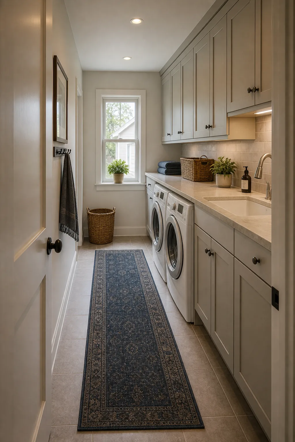 One-wall galley laundry run that keeps the narrow aisle clear.