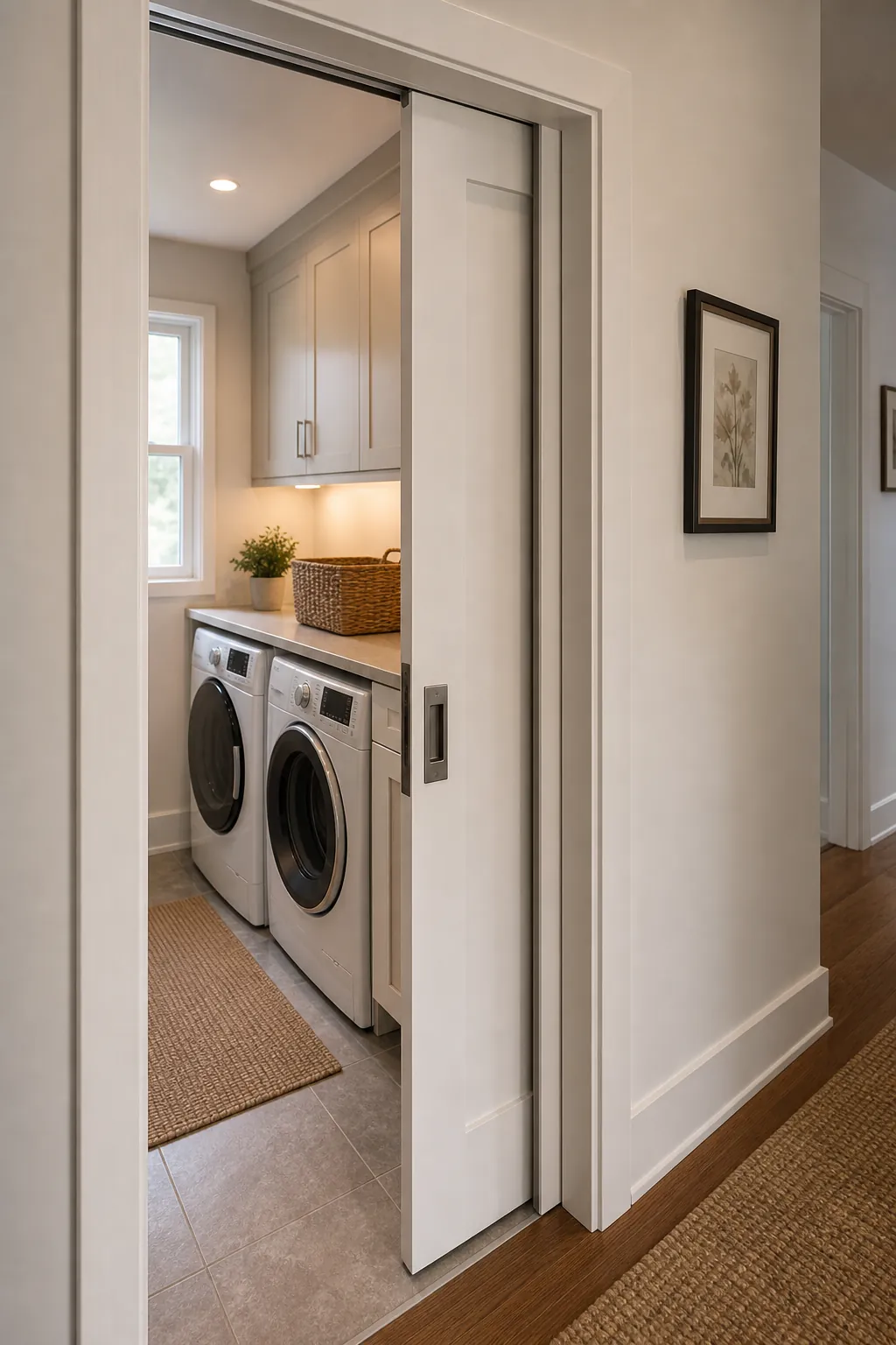 Pocket or outswing door solution for a small narrow laundry room.
