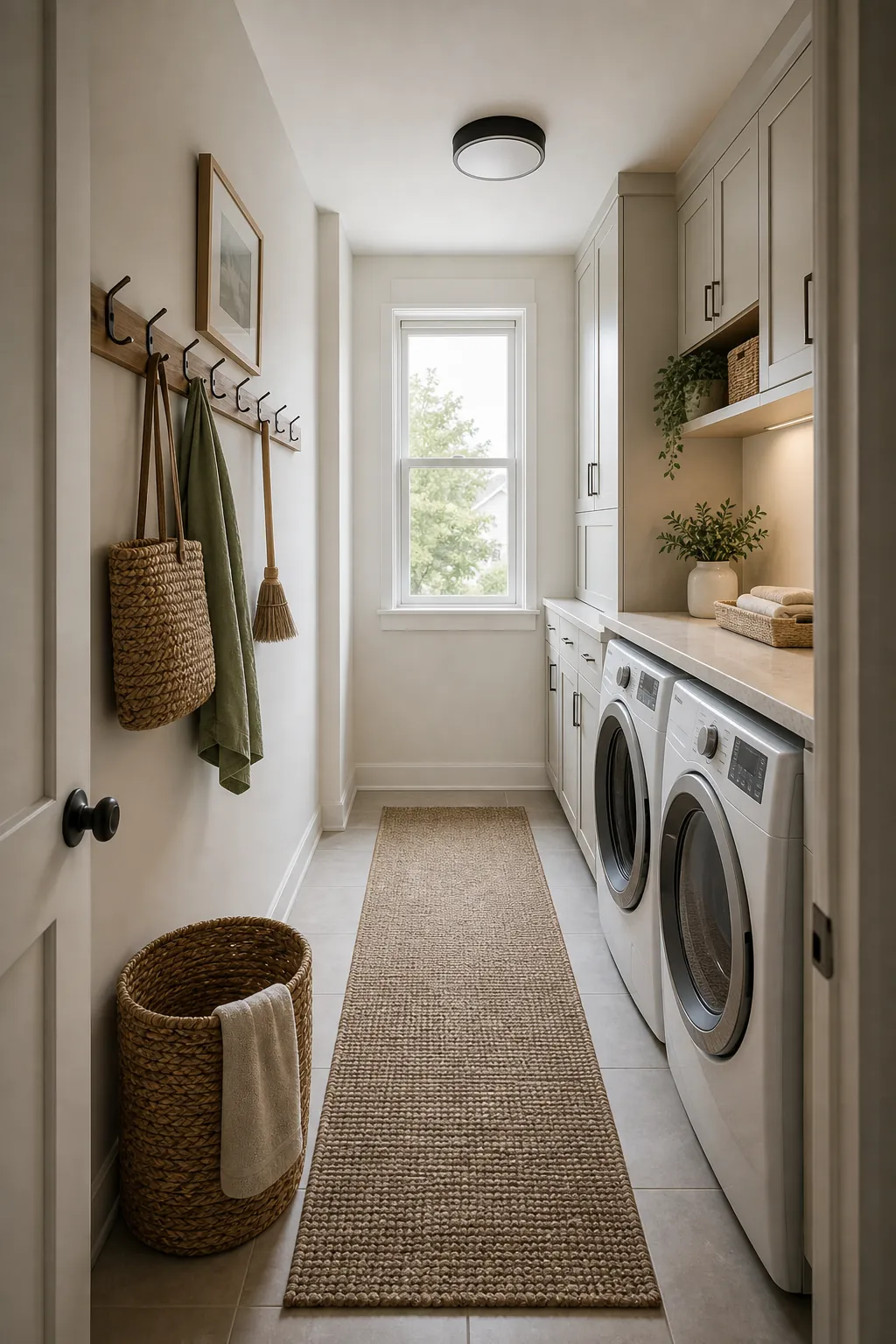 Small narrow laundry room with one wall layout clear aisle and shallow storage