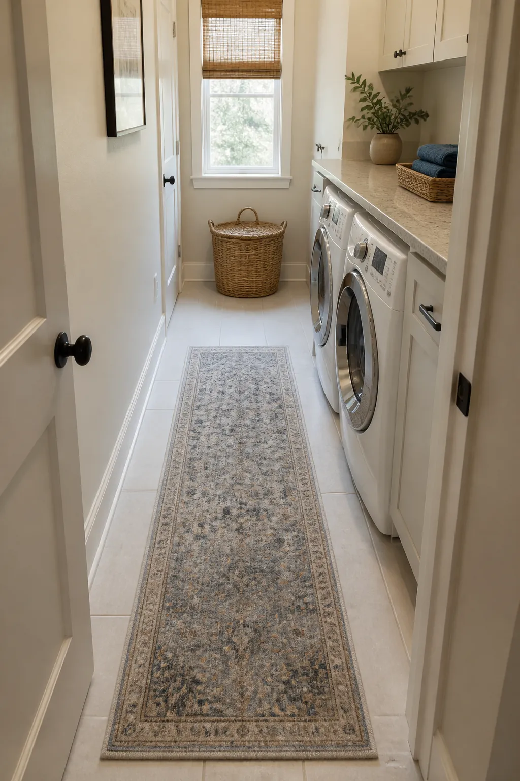 Long runner and light tile stretching a narrow laundry room visually.