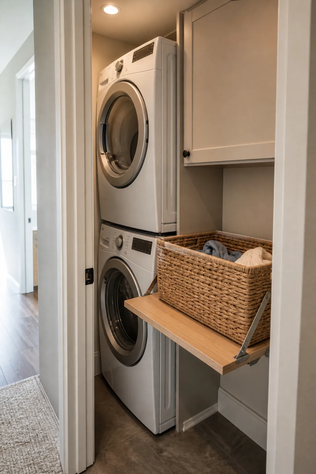 Stacked machines plus a narrow basket landing shelf in a narrow laundry closet.