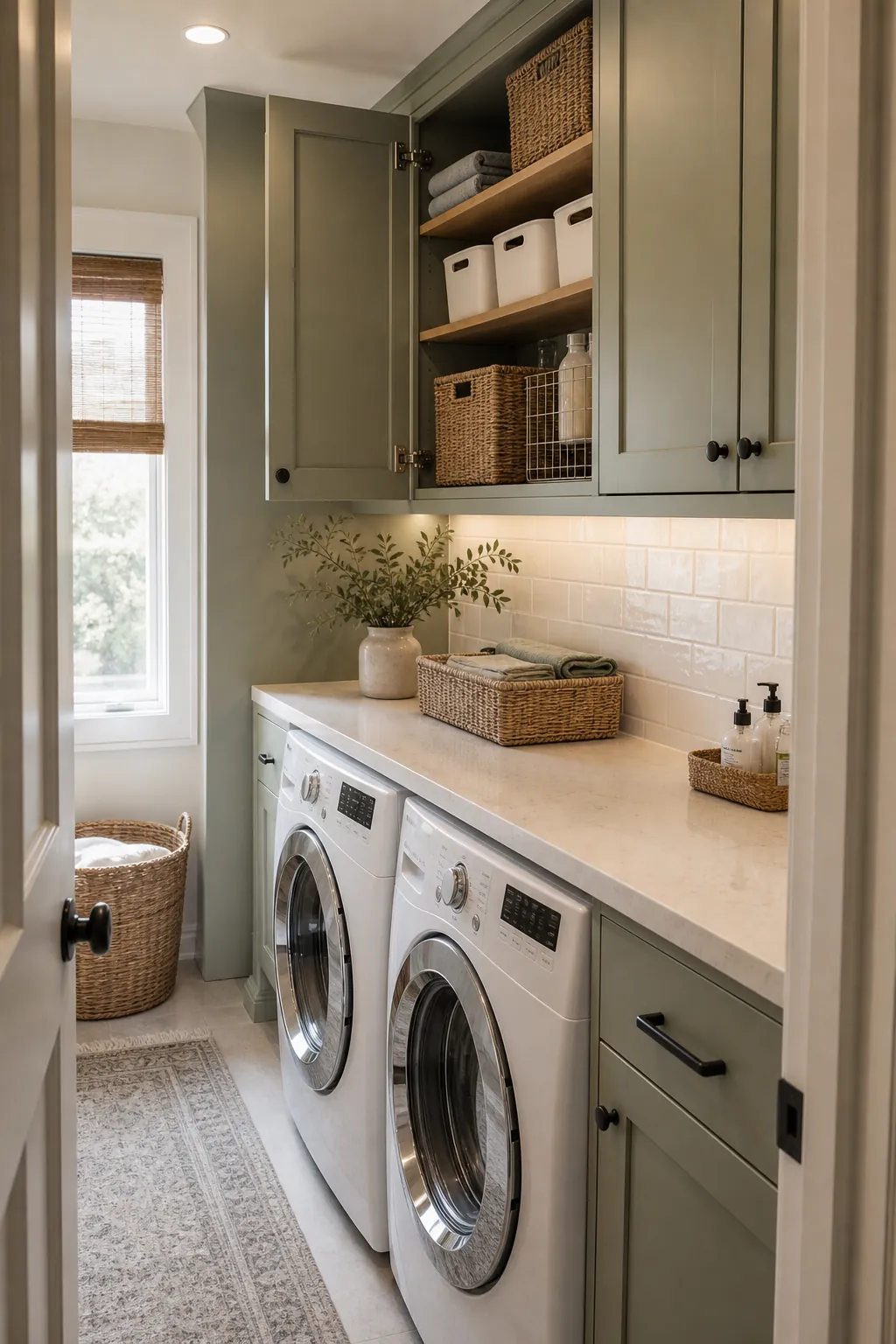 Reachable cabinets over the working side of a narrow laundry room.