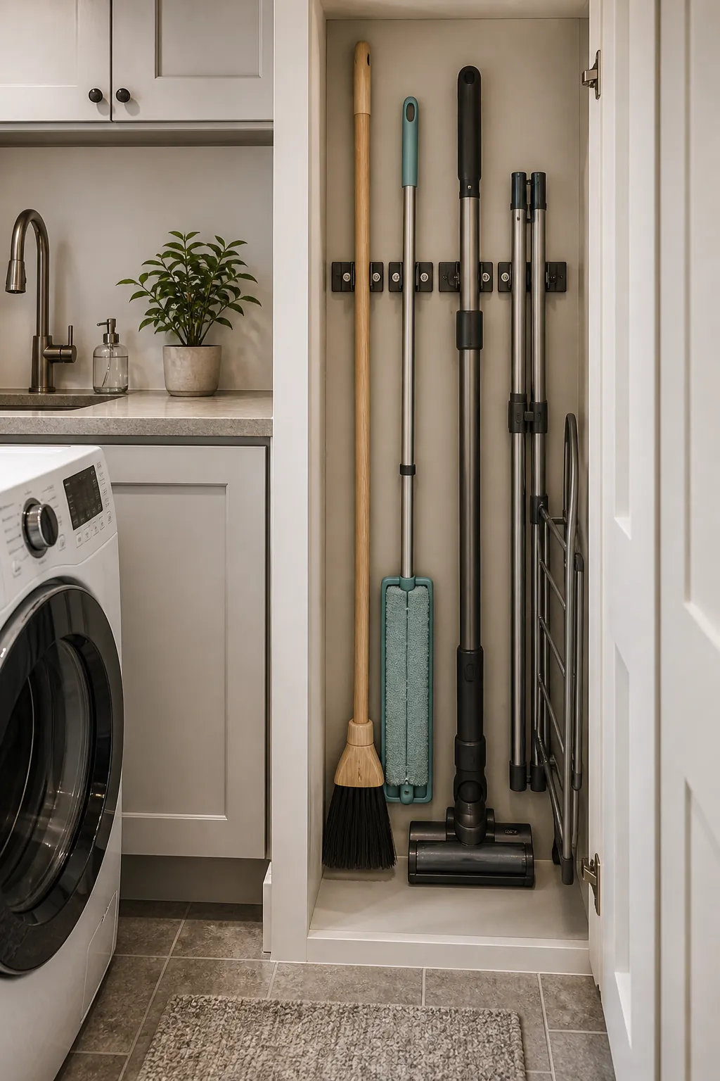 Vertical cleaning tool niche in a compact laundry room.