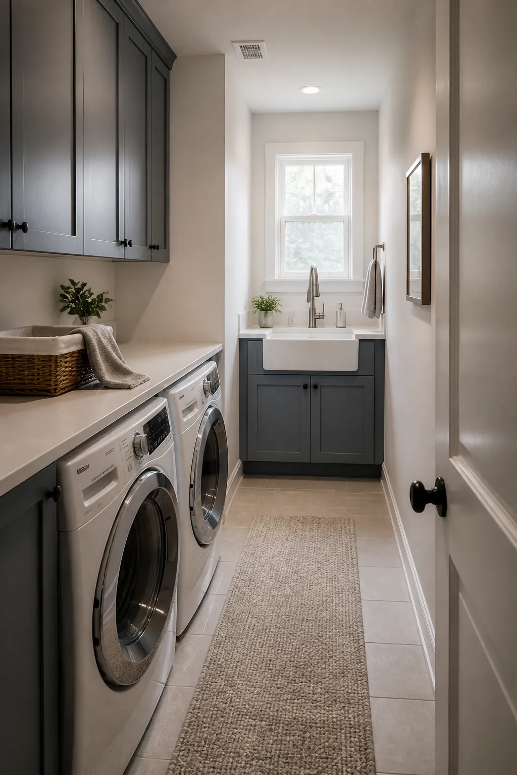 Compact utility sink at the far end of a narrow laundry room.