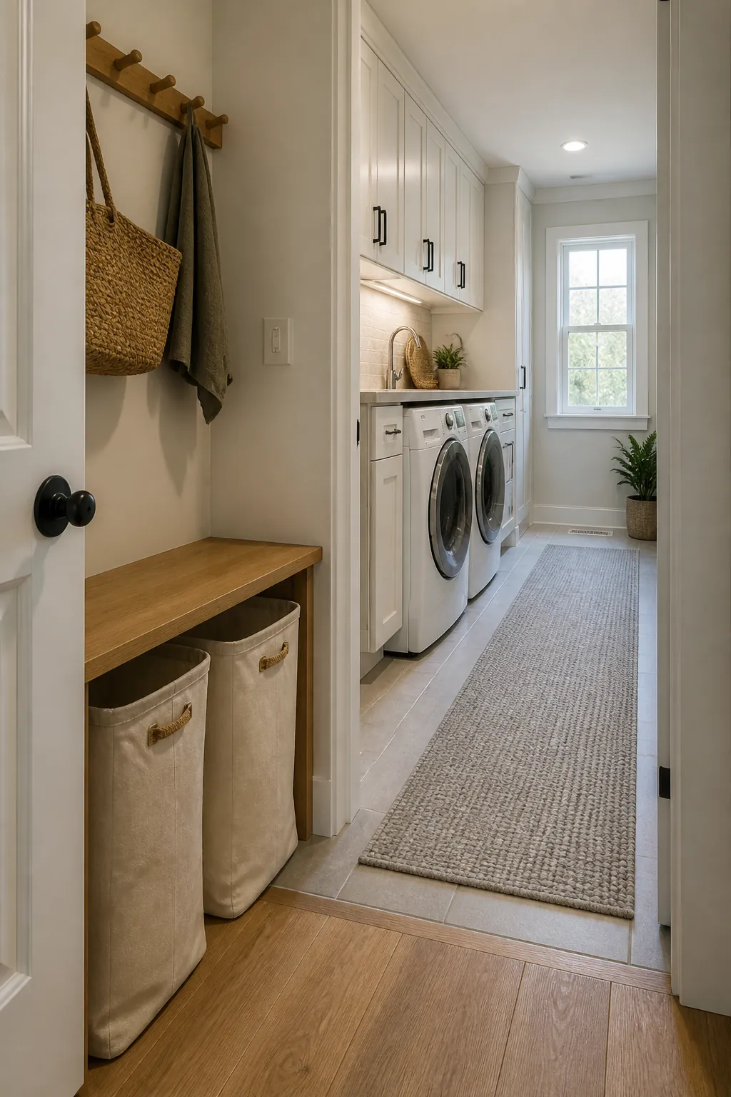 Hampers placed at the open end of a narrow laundry room instead of in the aisle.