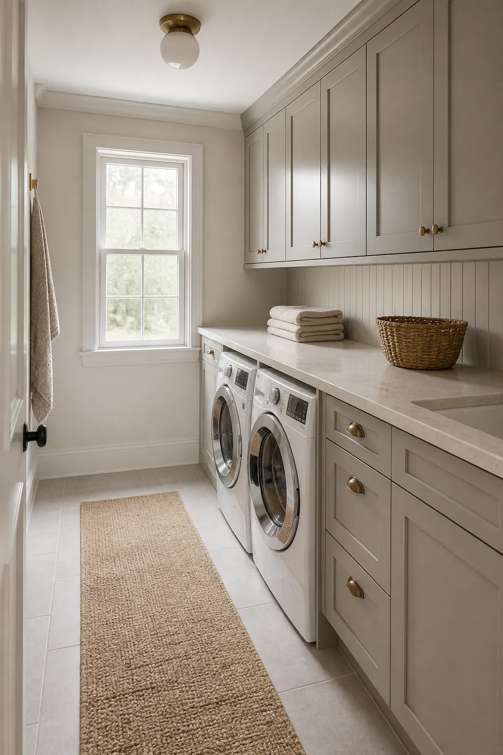 Calm narrow laundry room palette with concealed clutter.
