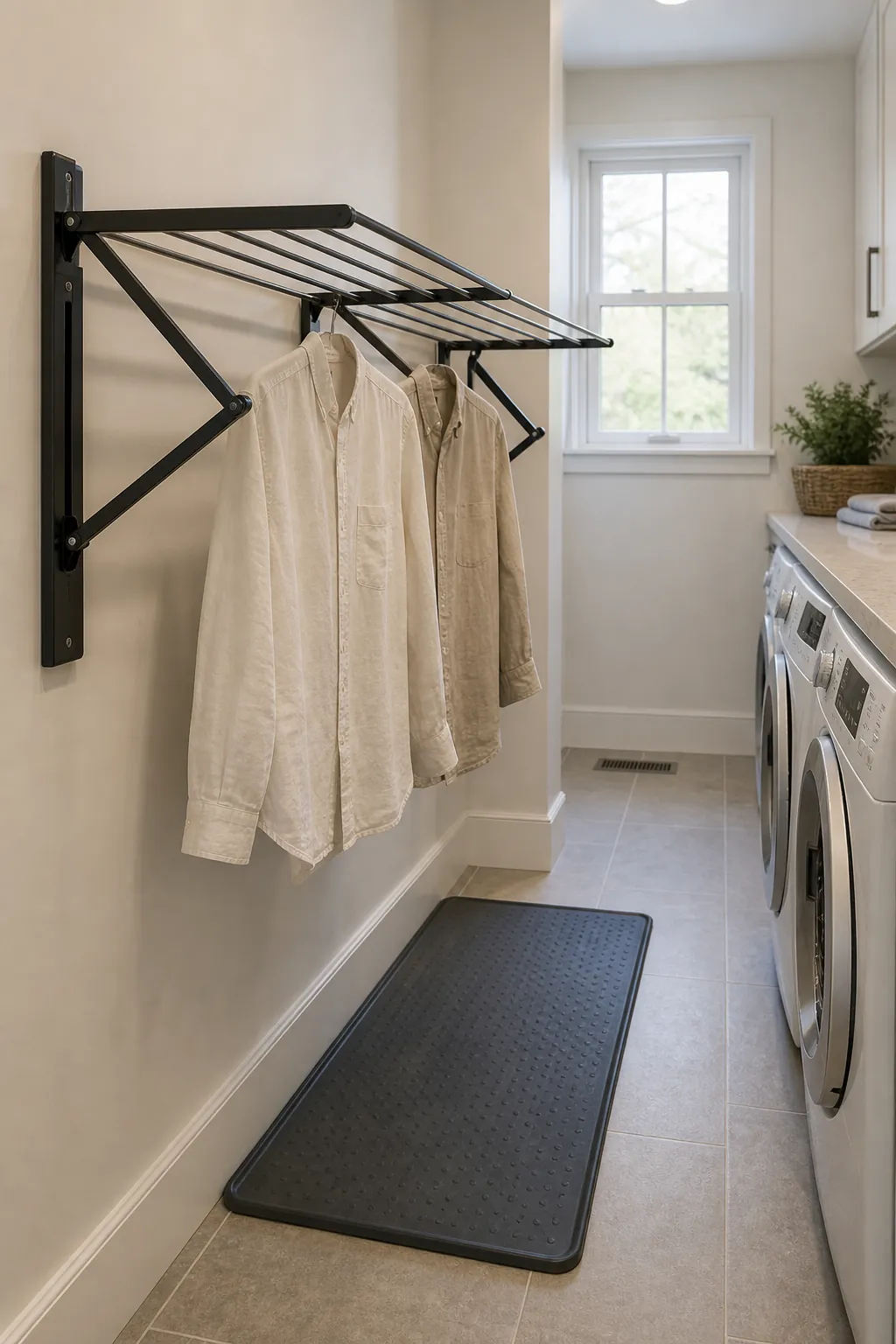 Fold-down drying rack mounted flat on the narrow wall.