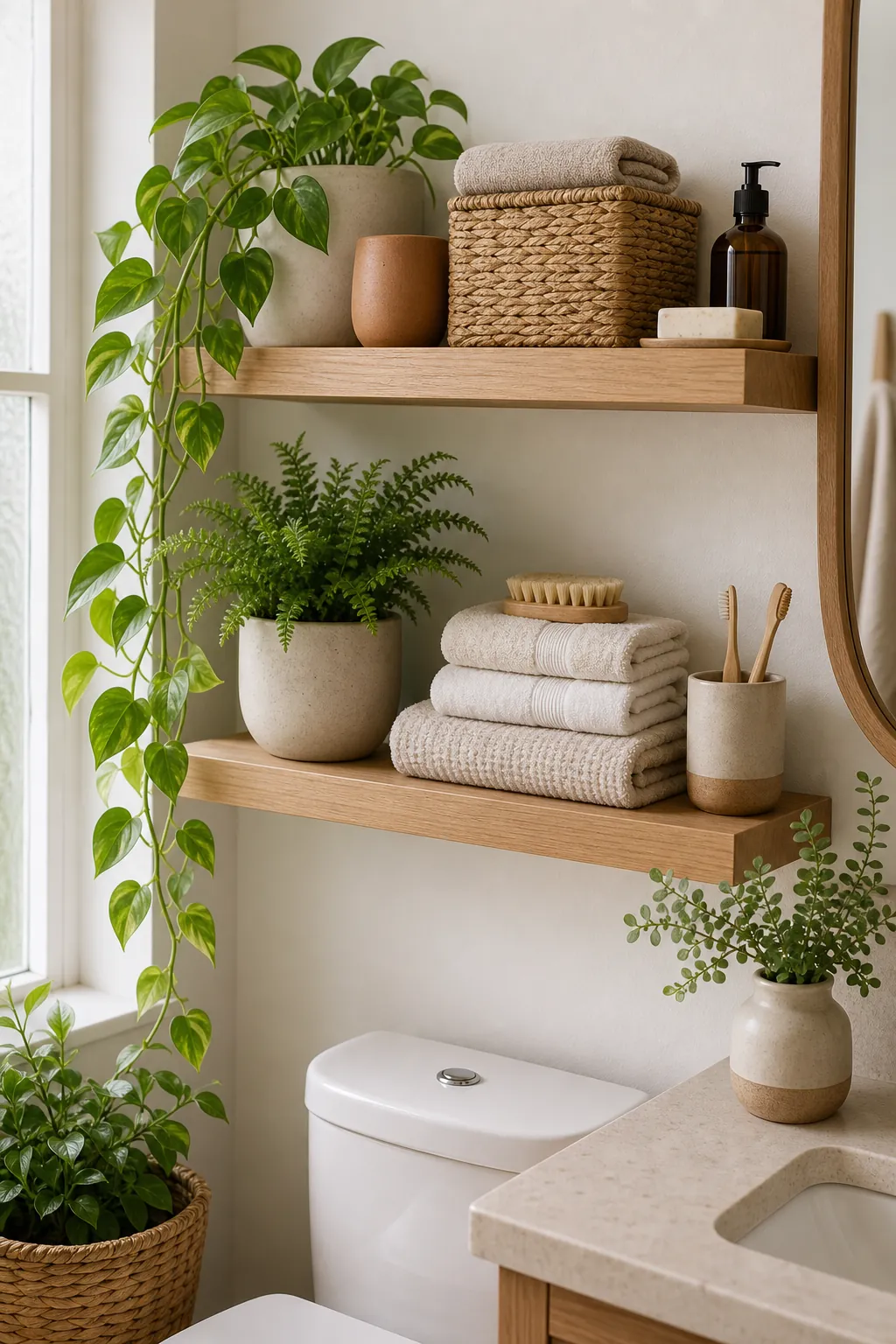 Floating bathroom shelves styled with plants, folded towels, and woven storage