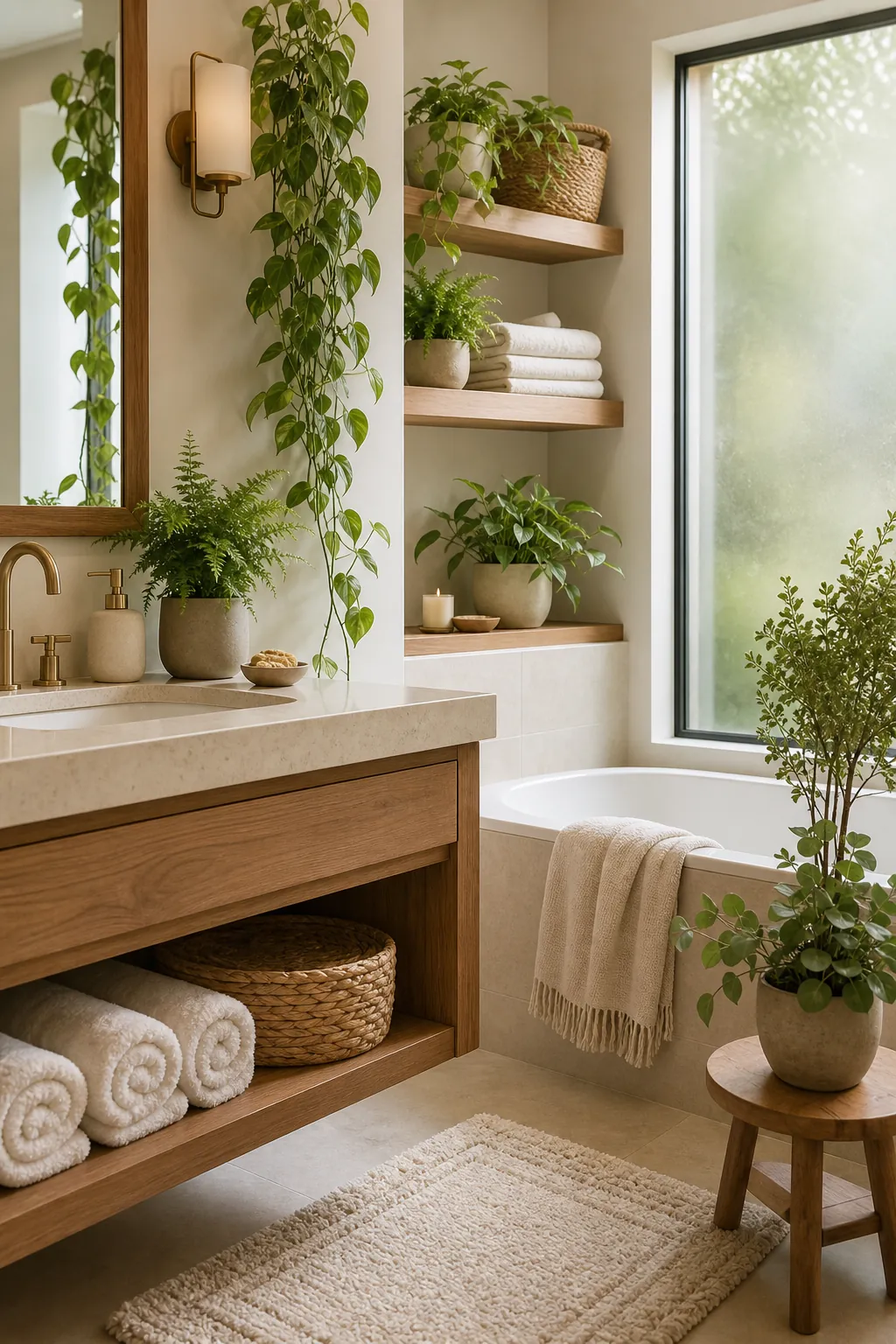 Serene bathroom decor with greenery, soft towels, woven baskets, and natural texture