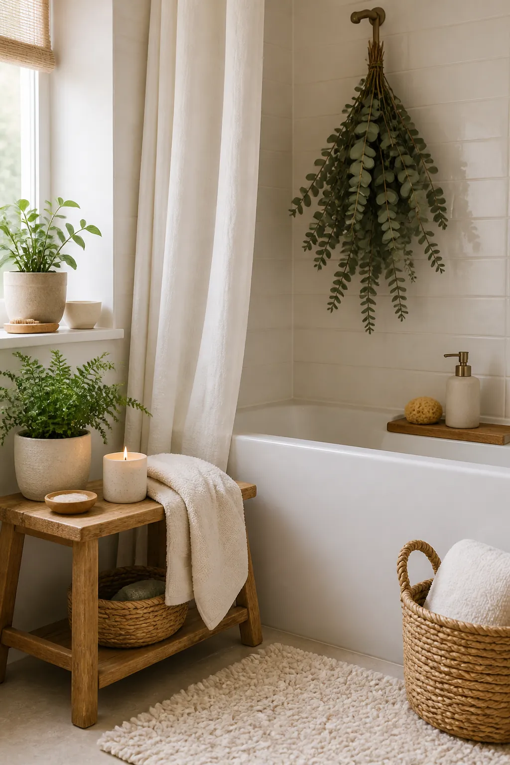 Bathtub corner with eucalyptus, a soft bath mat, folded towel, and natural wood stool