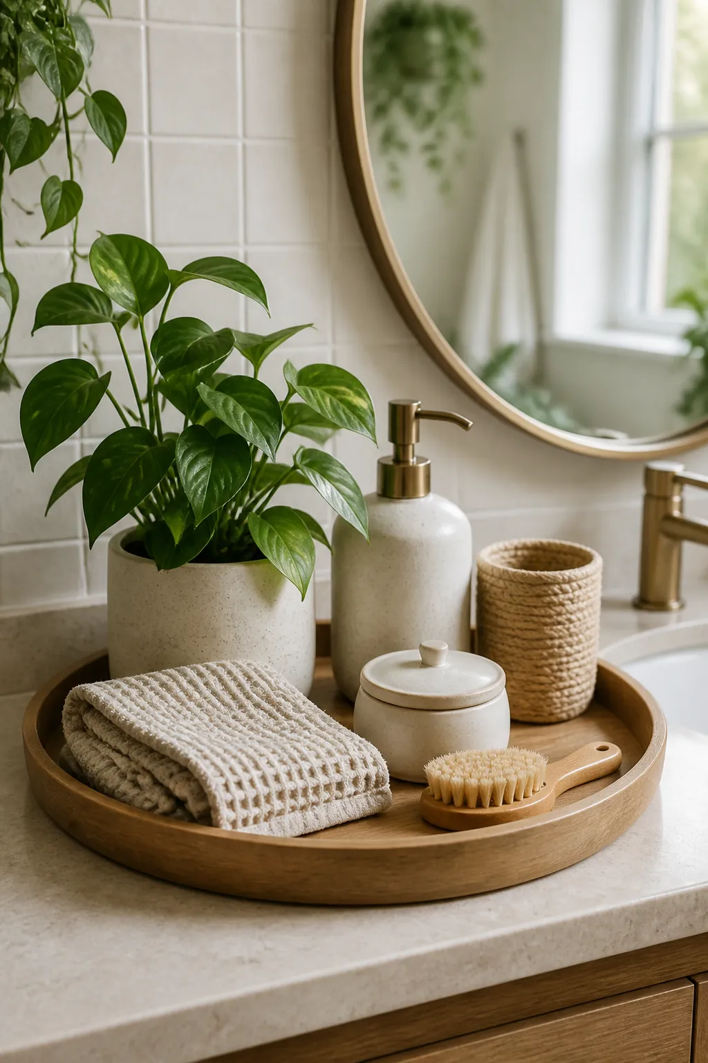 Uncluttered bathroom vanity tray with a small plant, waffle towel, and ceramic accessories