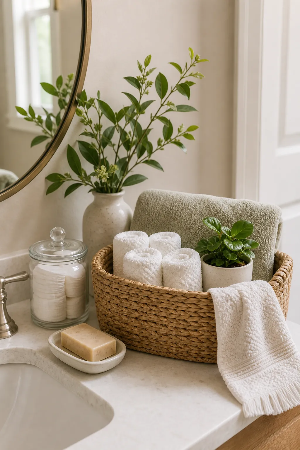 Guest bathroom basket with rolled washcloths, greenery, ceramic soap, and soft natural texture