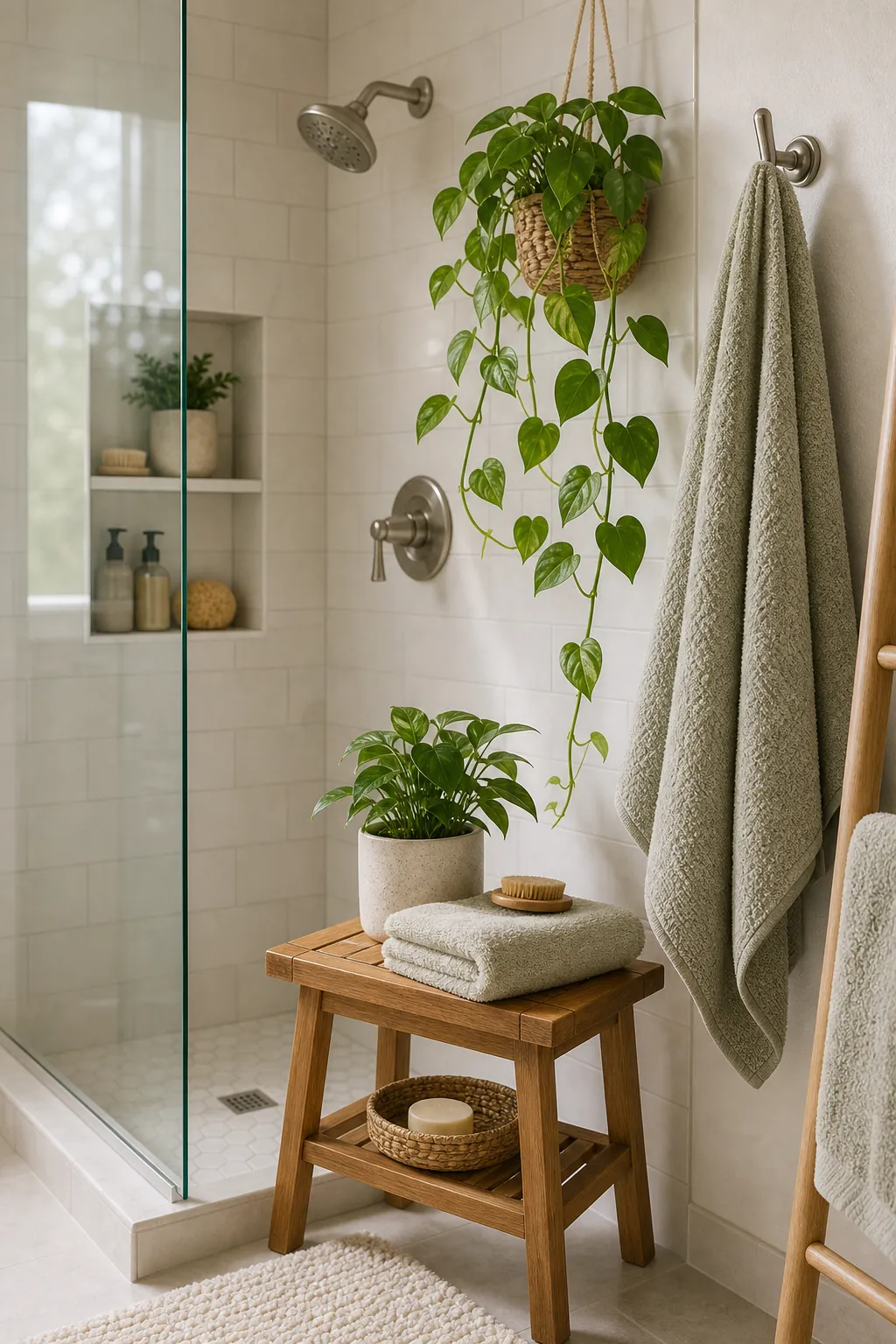 Shower corner with hanging greenery, folded towels, ceramic planter, and natural wood stool