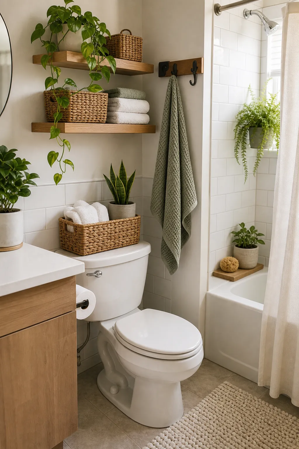 Rental bathroom corner with plants, woven storage baskets, and removable soft towel texture