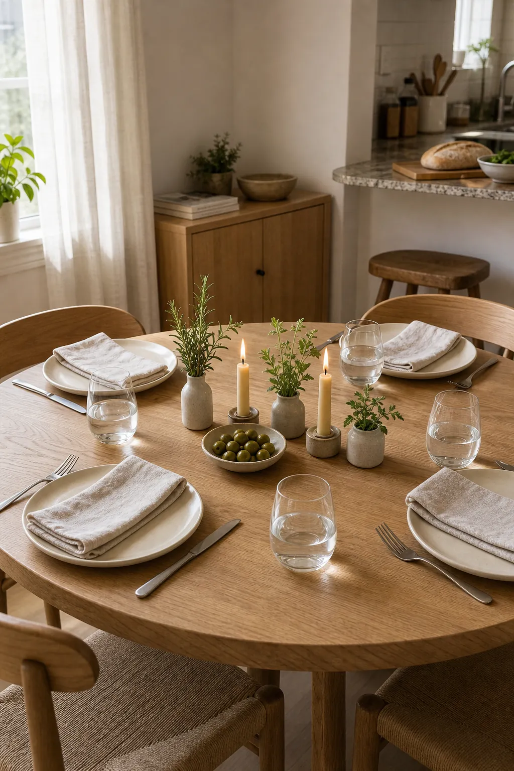 Low centerpiece ideas for a casual dinner table setting with candles and small bowls