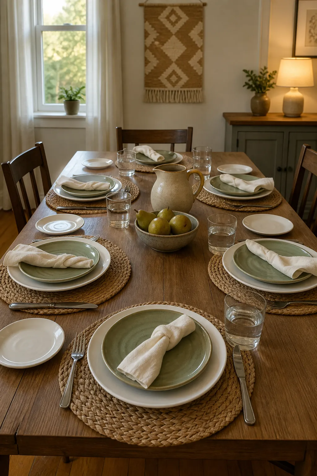Everyday tablescape with casual place settings, cloth napkins, and simple glassware
