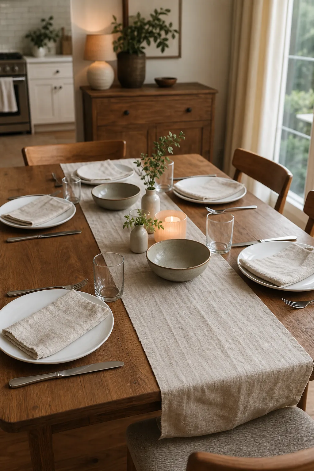 Simple casual dinner table setting with linen, candles, everyday plates, and low centerpiece decor