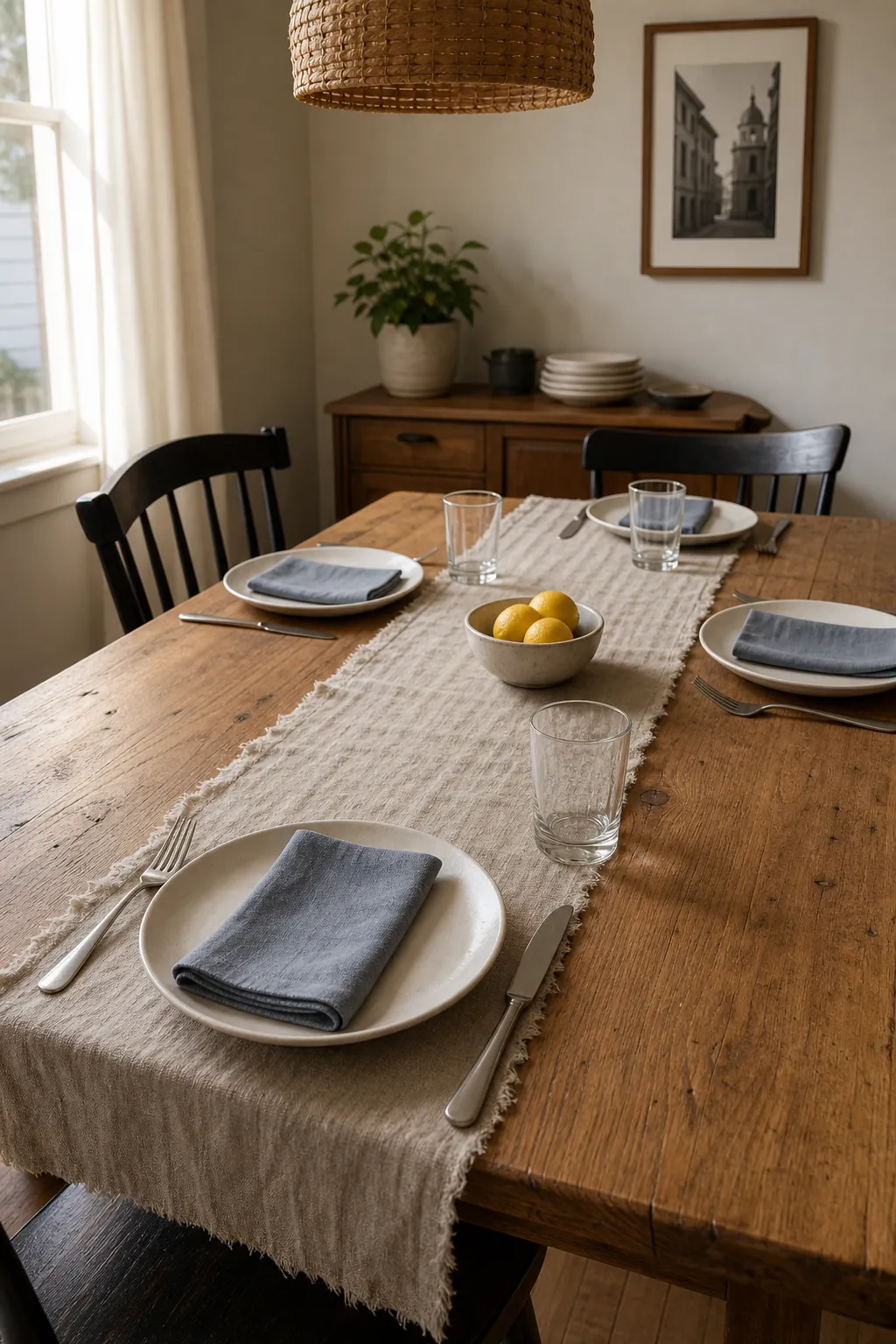 Simple table setting with a linen runner and everyday dinner plates for a casual dinner