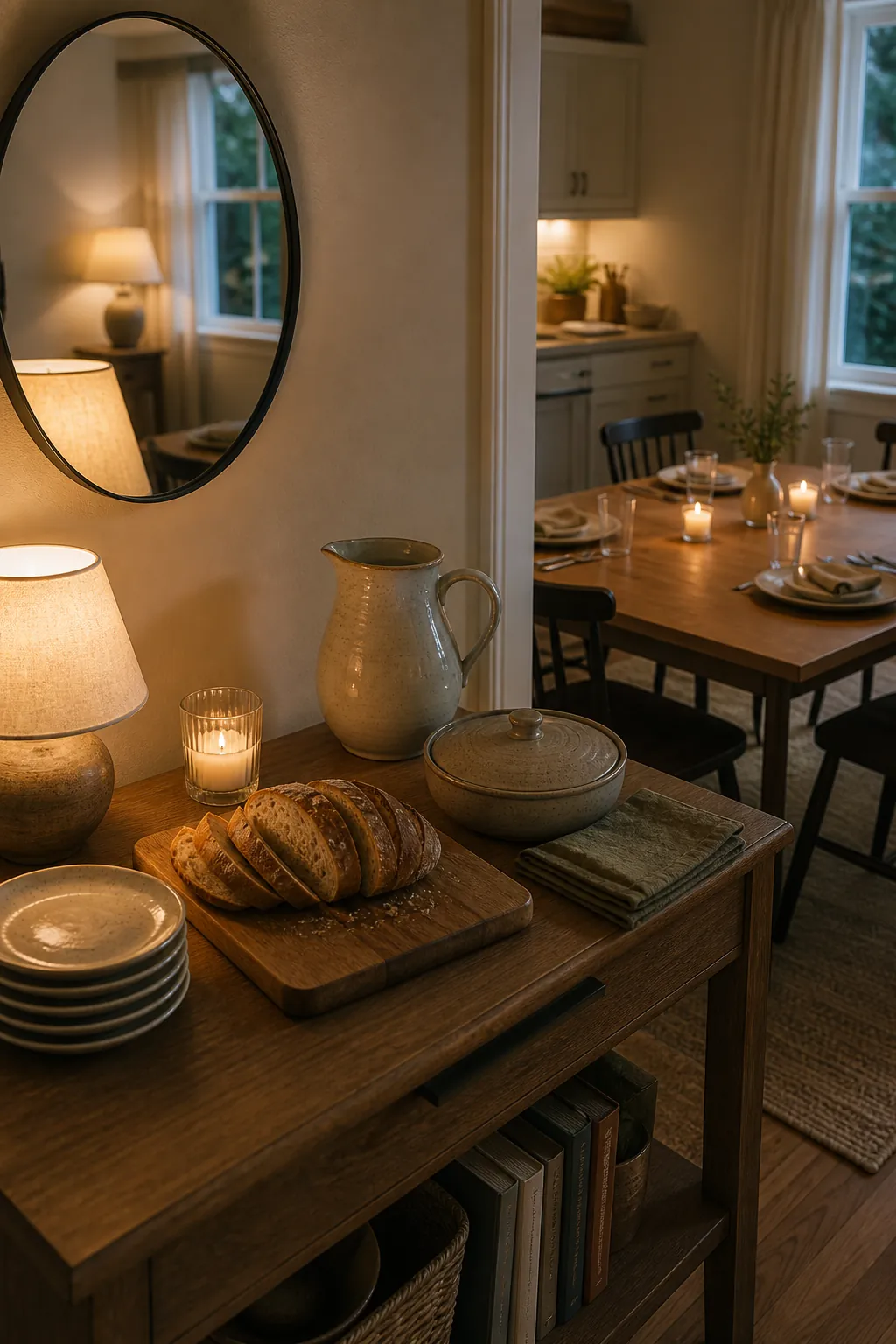 Casual dinner side station with bread, water, and serving bowls beside a simple table setting