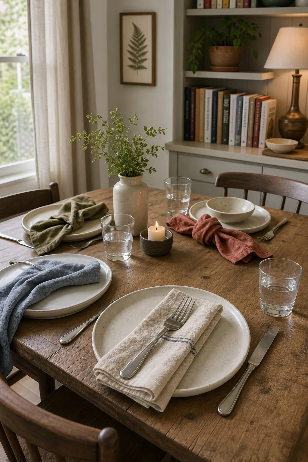 Casual table linens with folded cloth napkins and simple dinner table styling