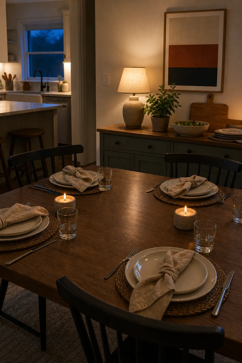 Warm casual dinner table lighting with candles, simple glassware, and inviting table decor