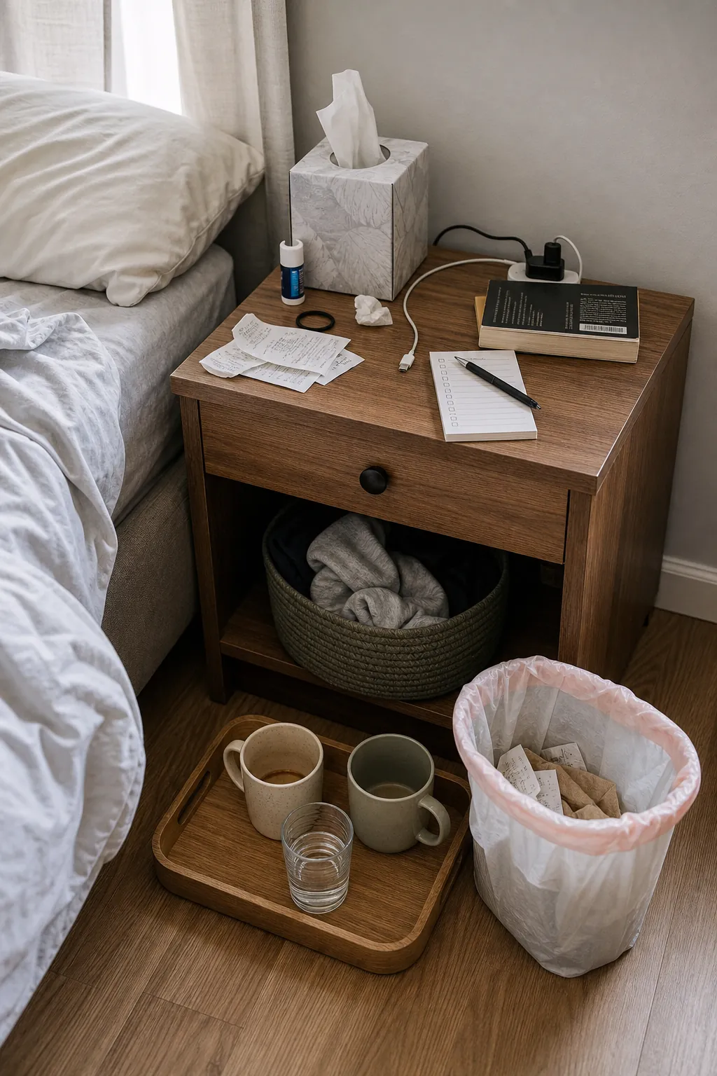 Bedside clutter pass with dishes, trash, and laundry contained before deeper sorting