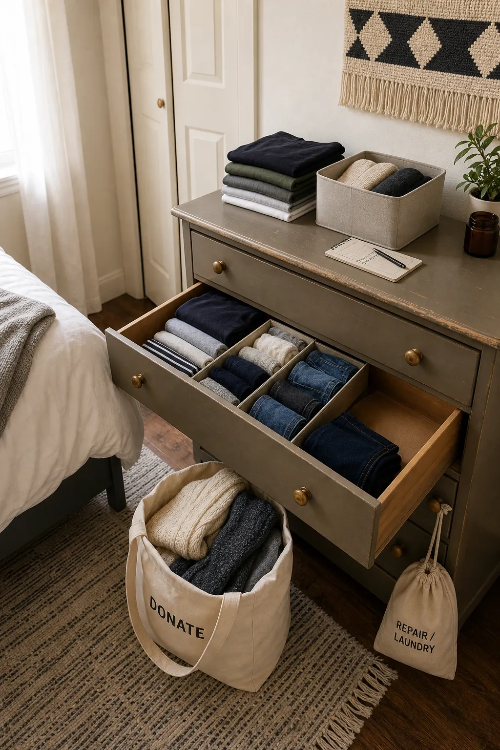 One-drawer clothing edit for small bedroom clothes storage without spreading piles