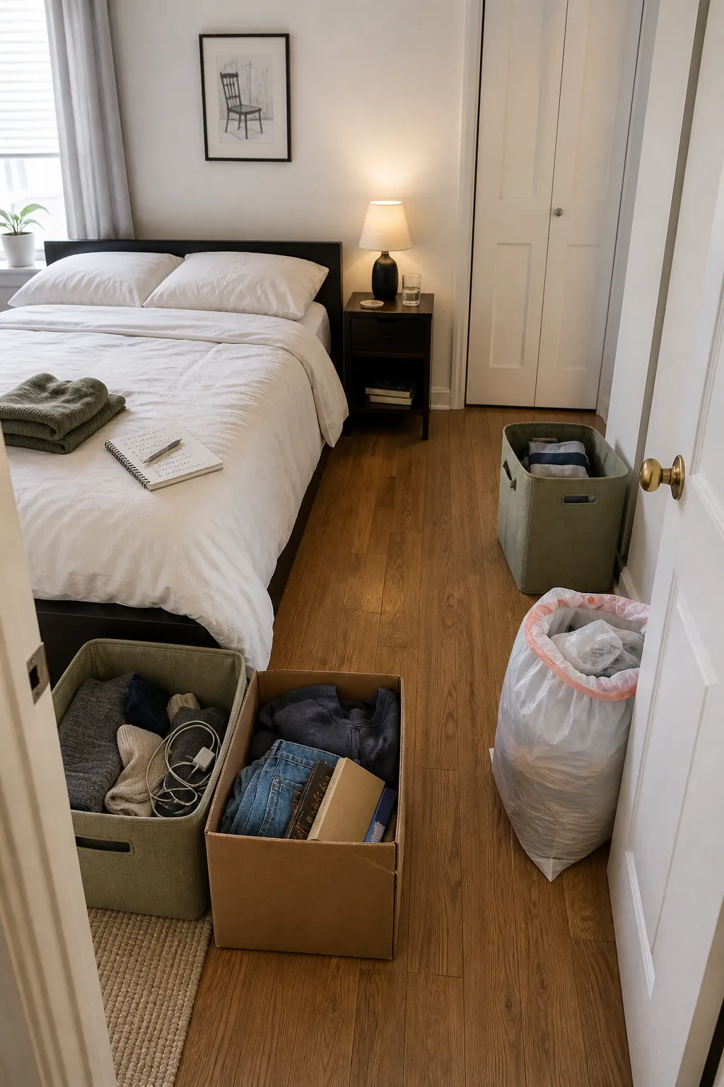 Small bedroom decluttering reset zone with contained sorting bins and a clear walkway