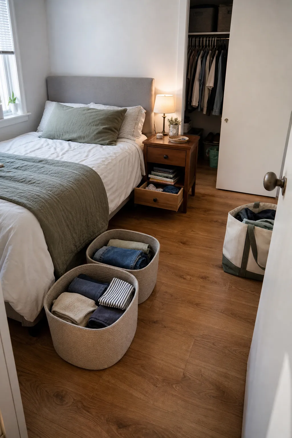 Calm small bedroom decluttering setup with contained baskets and a clear floor path