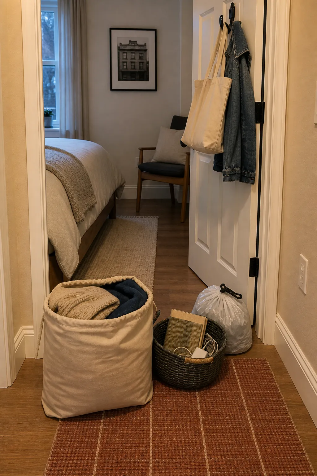 Donation and relocate bags staged at the bedroom doorway so clutter leaves the room