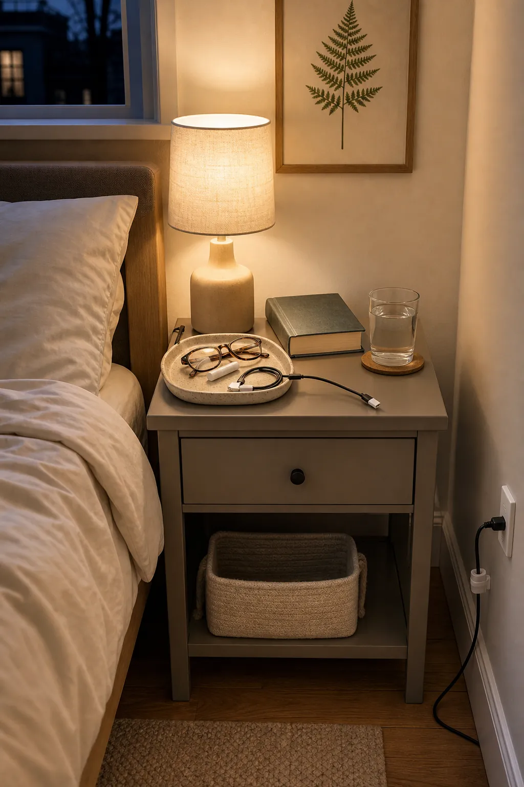 Simple nightstand landing zone that keeps a decluttered small bedroom tidy