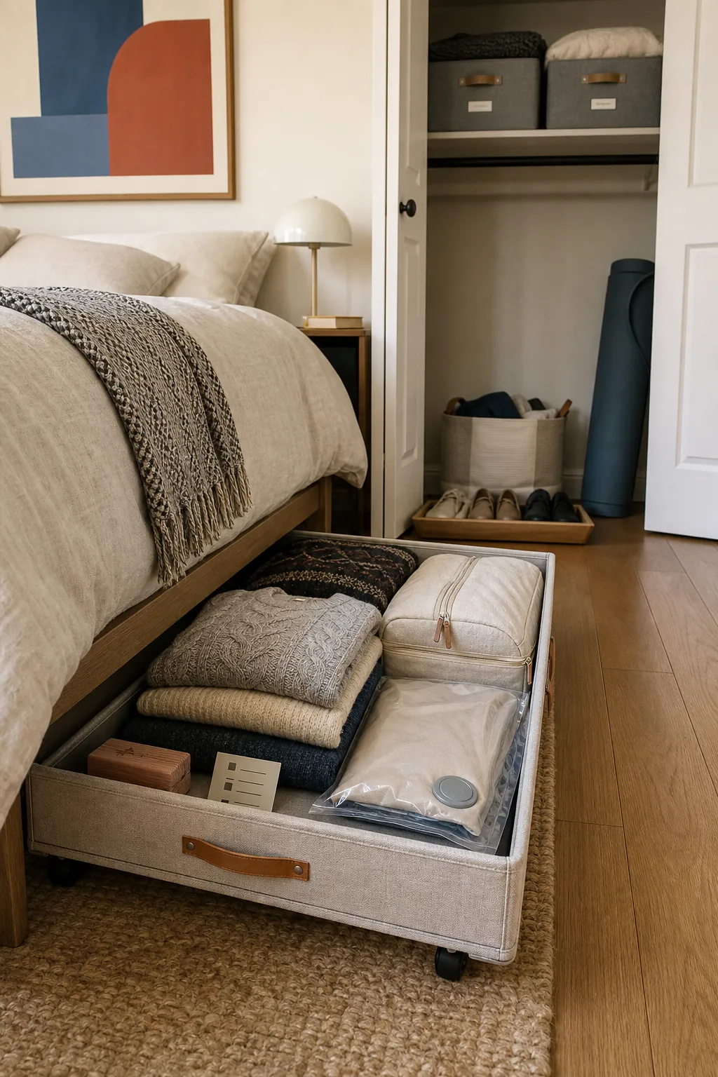 Under-bed seasonal storage setup that keeps a small bedroom tidy and accessible