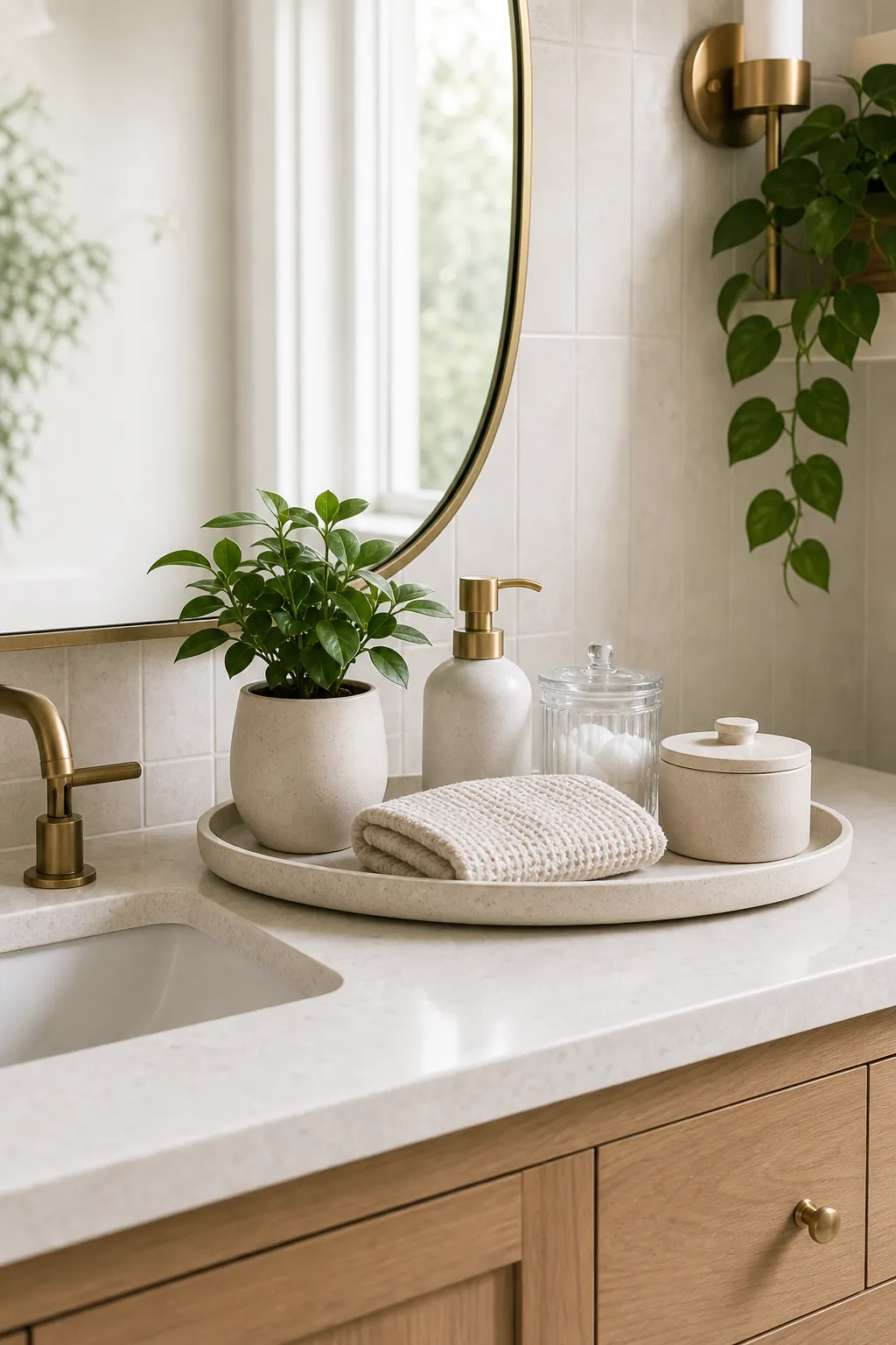 Uncluttered bathroom counter with a small tray, plant, towel, and organized vanity styling