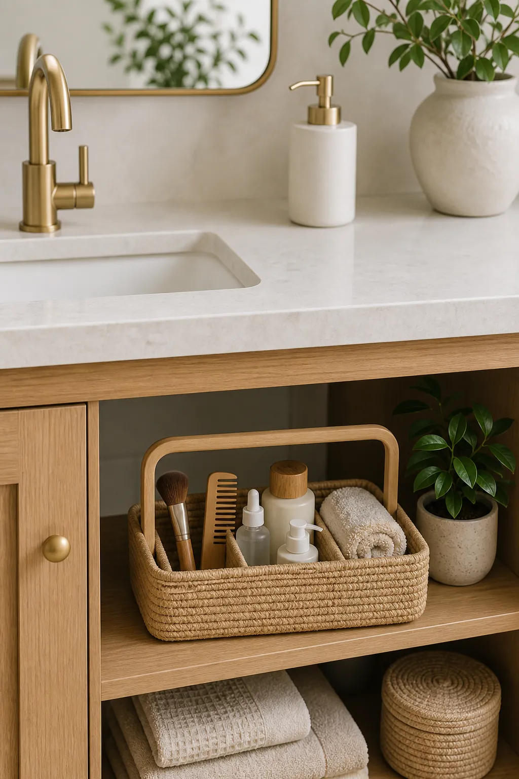 Bathroom vanity caddy tucked below the counter for daily-use items