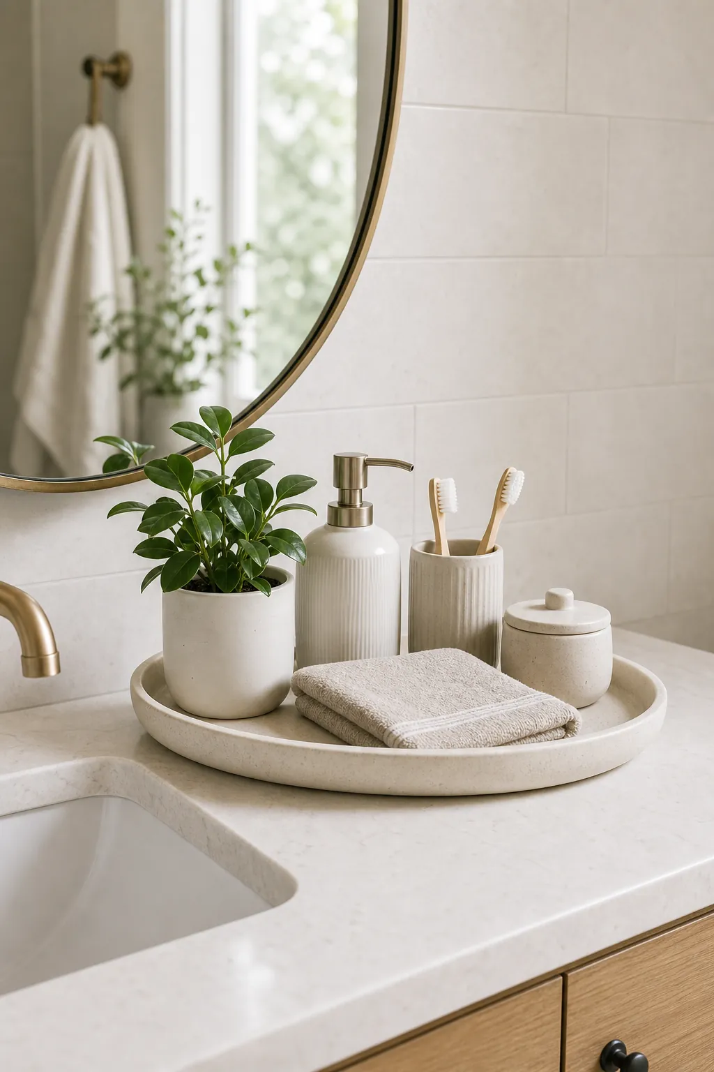 Bathroom counter tray with soap, plant, towel, and open counter space
