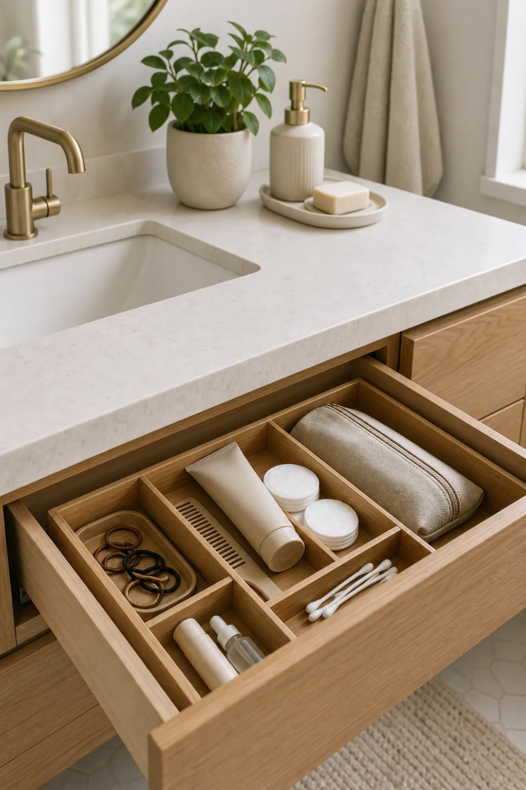 Open bathroom vanity drawer with organized daily items below a clear counter