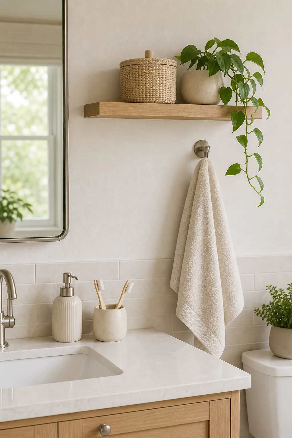 Vertical bathroom storage with shelf, towel hook, plant, and a clear vanity counter