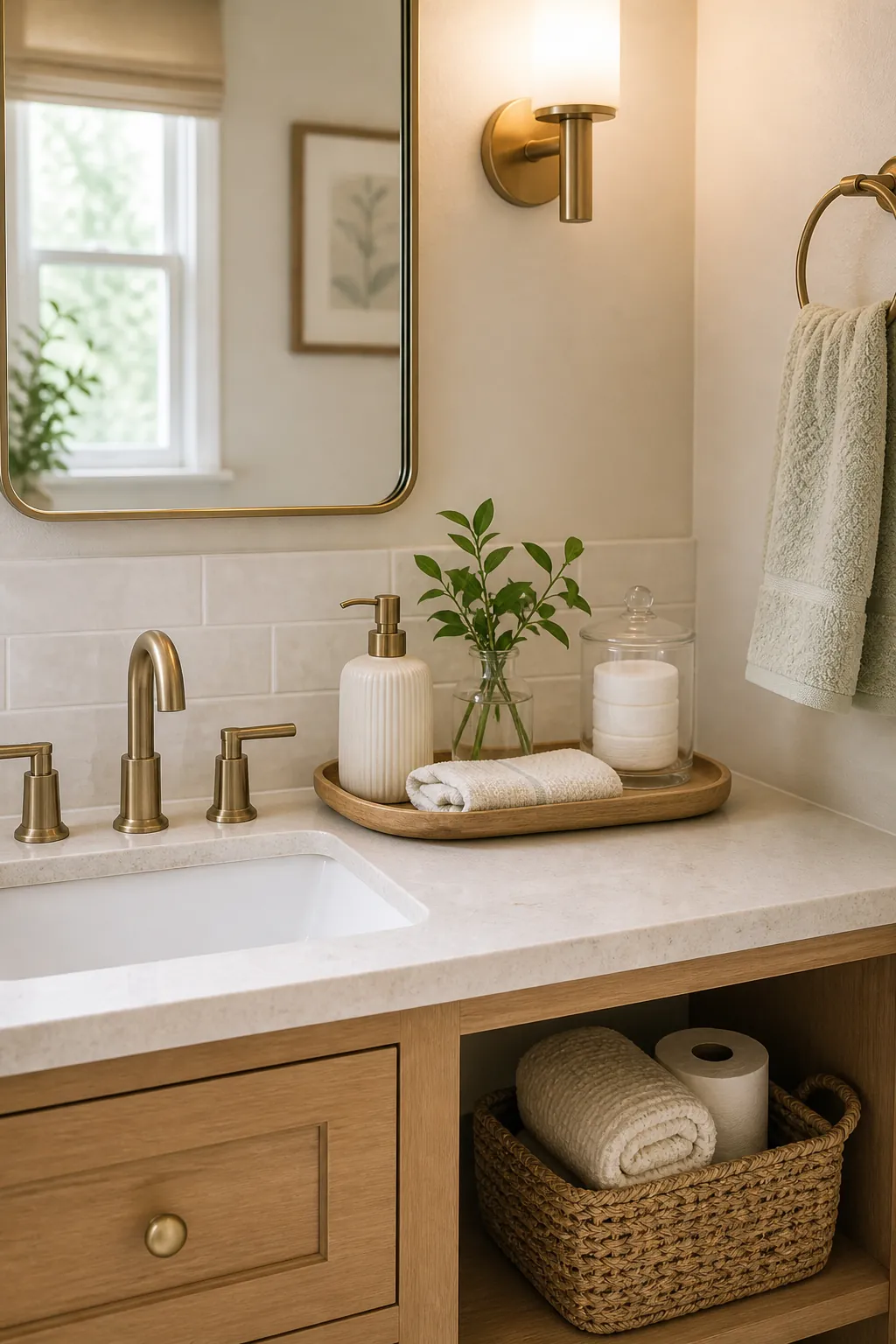 Guest bathroom counter styled with a small tray, towel, greenery, and hidden extra storage
